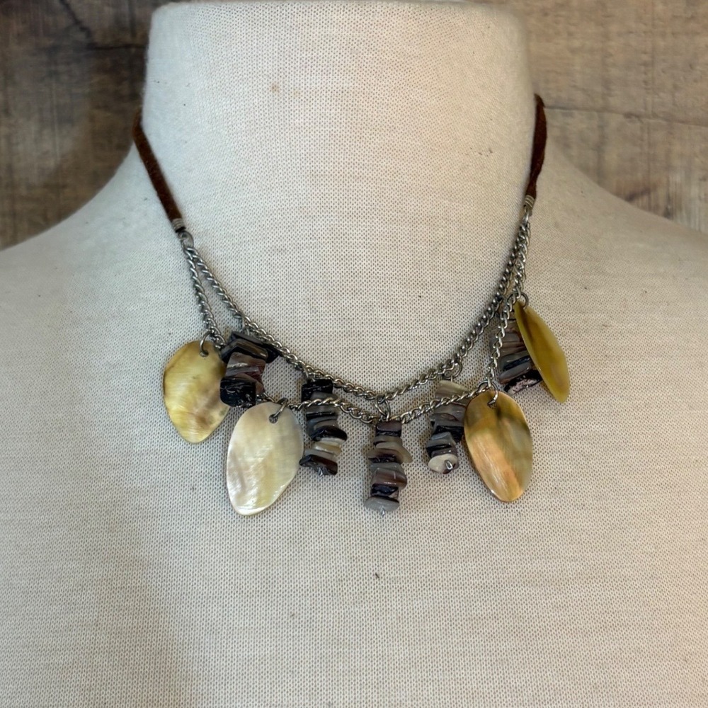 Bohemian Brown Cord Shell Necklace Silver Tone Multi Chain Mother of Pearl